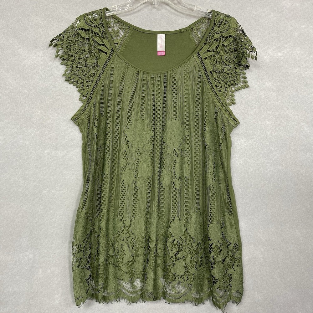 No Boundaries Shirt Girls XL Women’s M-L Floral Lace Boho Green Babydoll Y2K